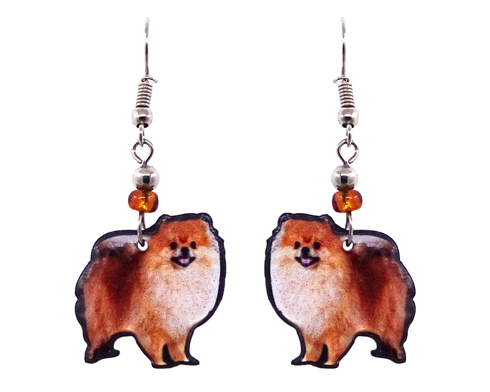 EA-041402021838 Pomeranian dog acrylic dangle earrings with beaded metal hooks in orange, brown, beige, and black color combination.