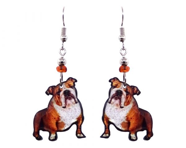 English Bulldog dog acrylic dangle earrings with beaded metal hooks in tan, brown, white, and black color combination.