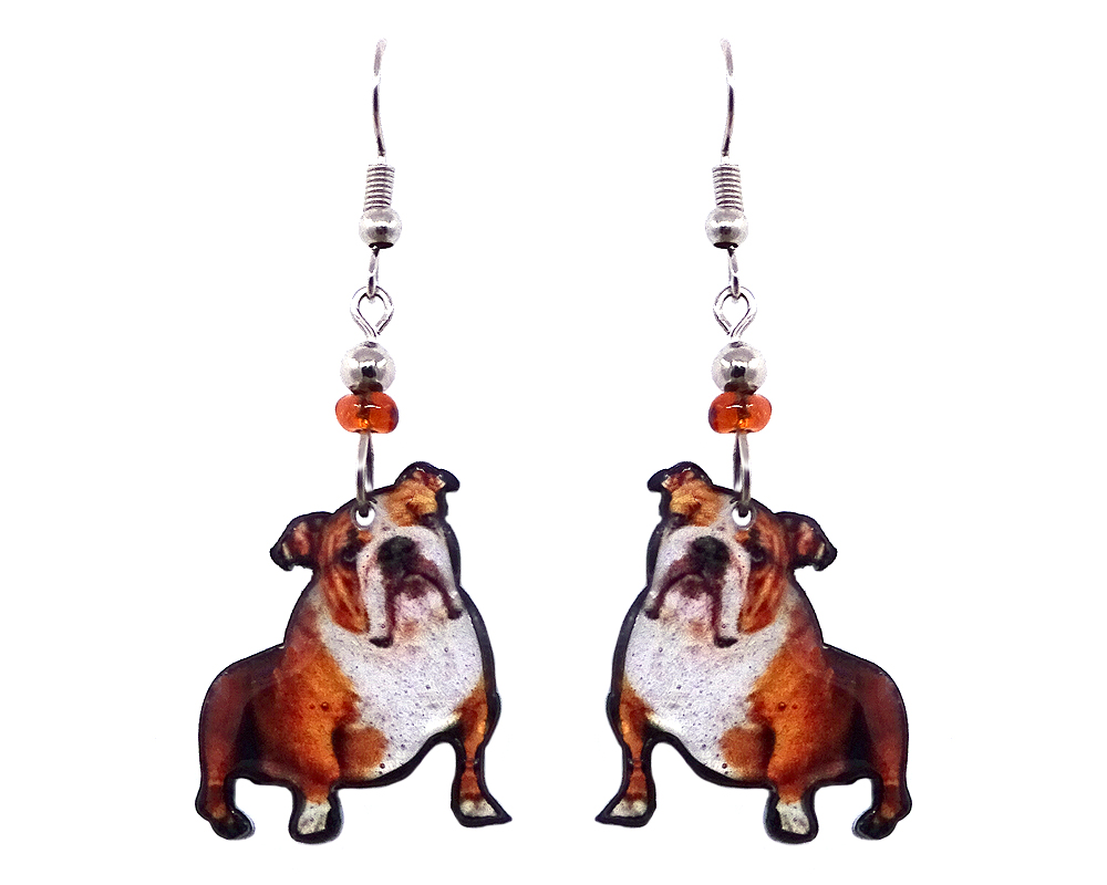 EA-041402180002 English Bulldog dog acrylic dangle earrings with beaded metal hooks in tan, brown, white, and black color combination.