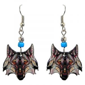 Tribal pattern wolf face acrylic dangle earrings with beaded metal hooks in gray, tan, brown, beige, and black color combination.