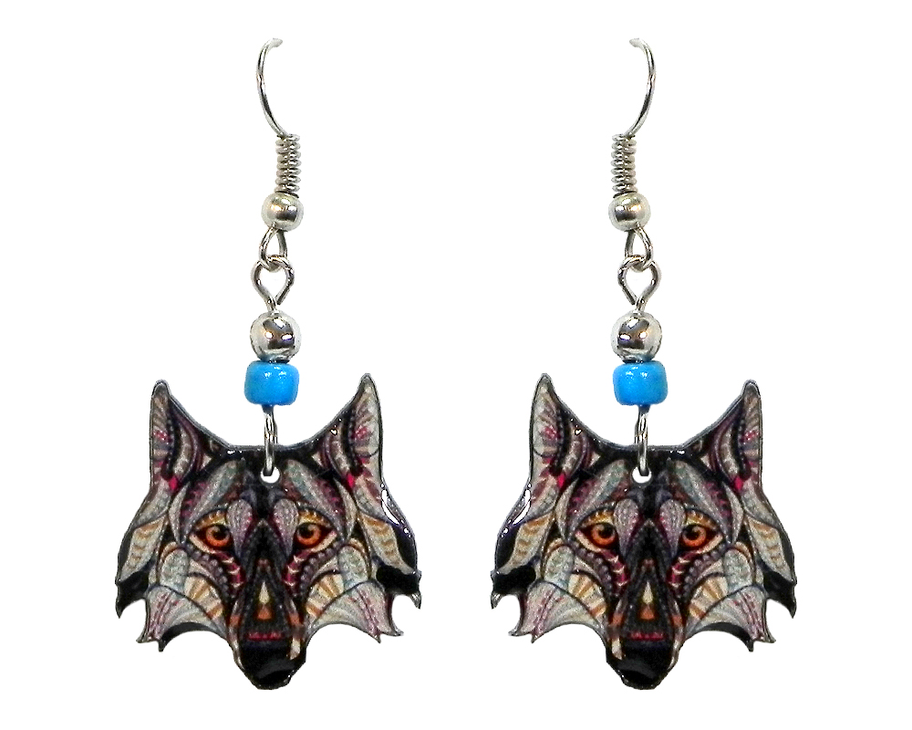 Tribal pattern wolf face acrylic dangle earrings with beaded metal hooks in gray, tan, brown, beige, and black color combination.