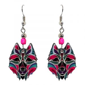 Tribal pattern wolf face acrylic dangle earrings with beaded metal hooks in hot pink, purple, turquoise, black, and white color combination.
