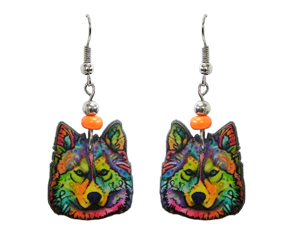 EA-041500999902 Art pattern wolf face acrylic dangle earrings with beaded metal hooks in rainbow multicolored color combination.