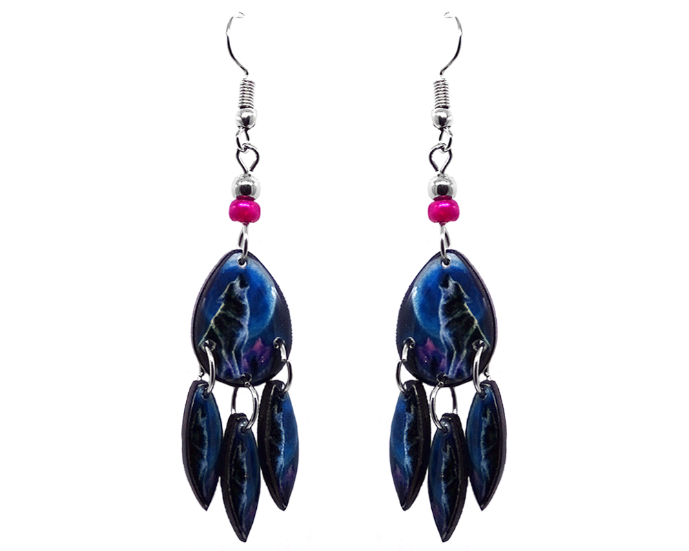 EA-041504050907 Teardrop-shaped howling wolf graphic acrylic earrings with long matching dangles and beaded metal hooks in blue, black, and gray color combination.