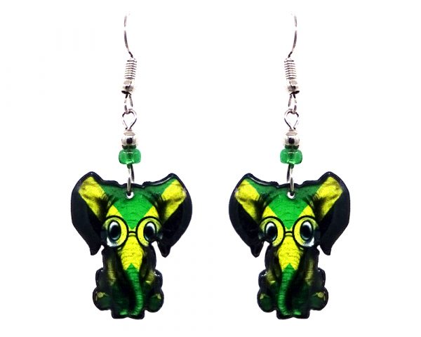 Nerd elephant acrylic dangle earrings with beaded metal hooks in Jamaican flag colors.