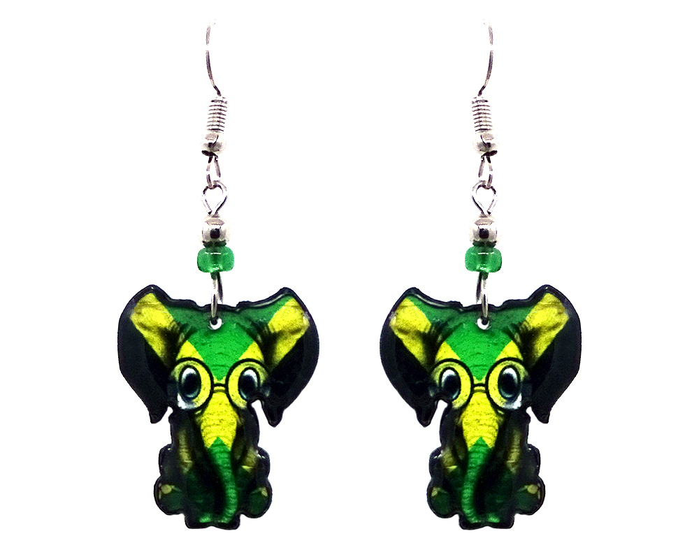 Nerd elephant acrylic dangle earrings with beaded metal hooks in Jamaican flag colors.
