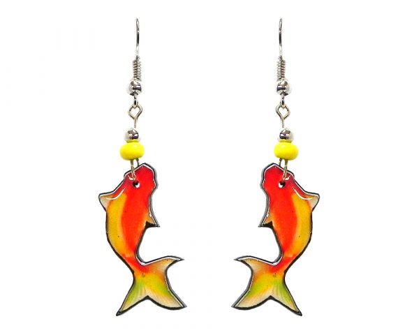 Koi fish acrylic dangle earrings with beaded metal hooks in orange and yellow color combination.