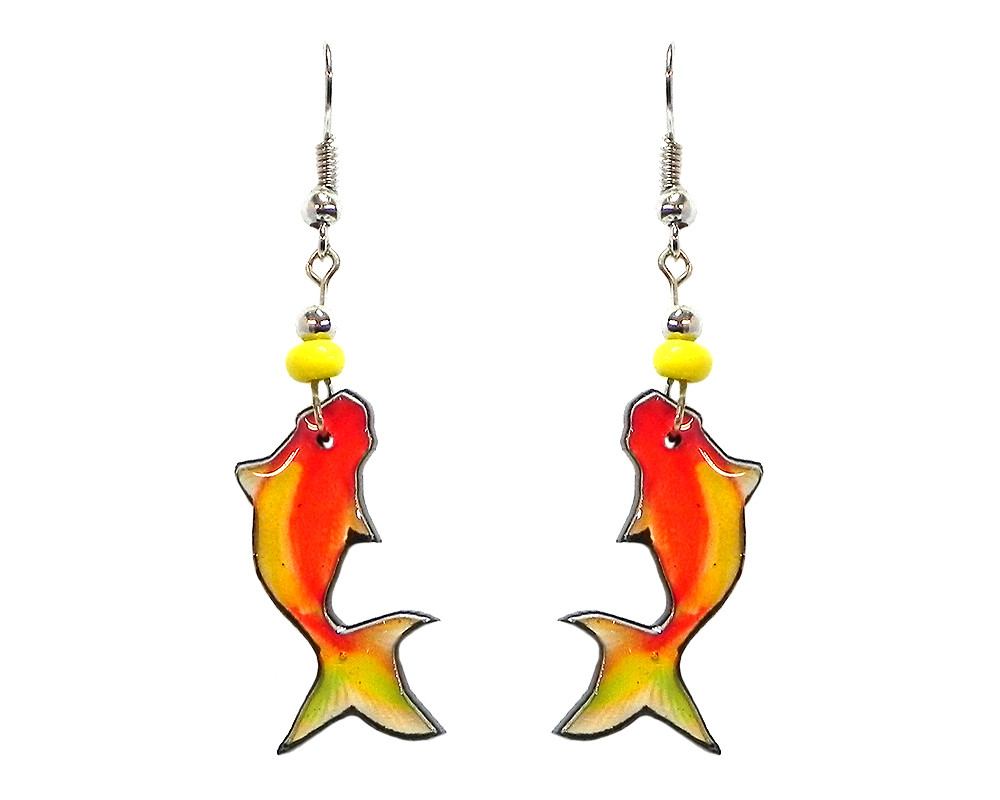 EA-042200020300 Koi fish acrylic dangle earrings with beaded metal hooks in orange and yellow color combination.