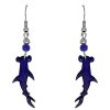 Hammerhead shark acrylic dangle earrings with beaded metal hooks in blue and black color combination.