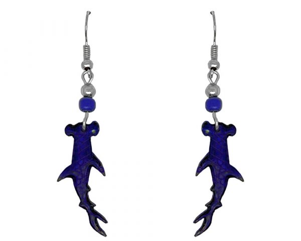 Hammerhead shark acrylic dangle earrings with beaded metal hooks in blue and black color combination.