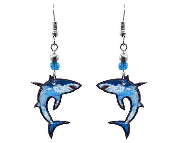 Great white shark acrylic dangle earrings with beaded metal hooks in turquoise and light blue color combination.