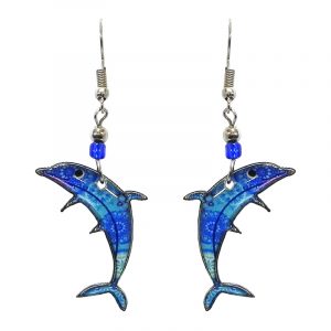 Psychedelic pattern dolphin acrylic dangle earrings with beaded metal hooks in turquoise, light blue, and royal blue color combination.