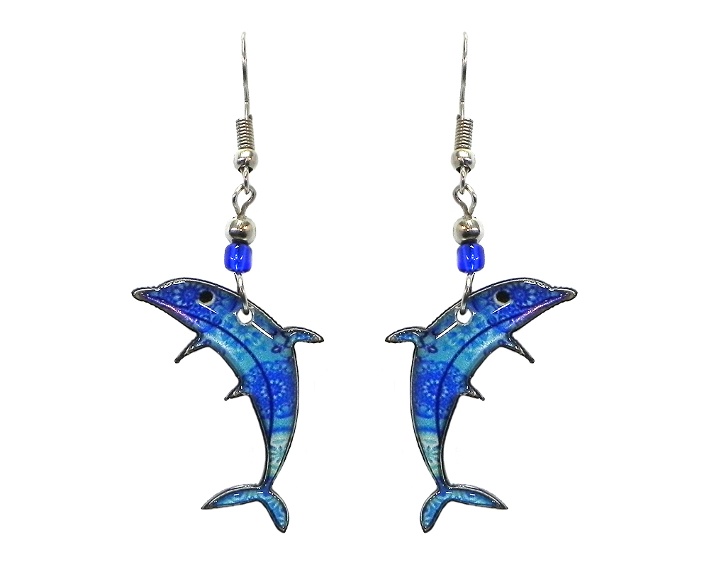 Psychedelic pattern dolphin acrylic dangle earrings with beaded metal hooks in turquoise, light blue, and royal blue color combination.