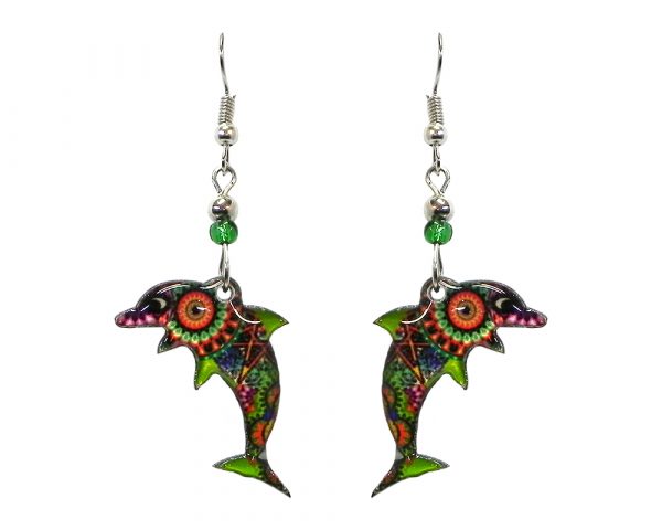 Psychedelic pattern dolphin acrylic dangle earrings with beaded metal hooks in lime green, orange, purple, and multicolored color combination.