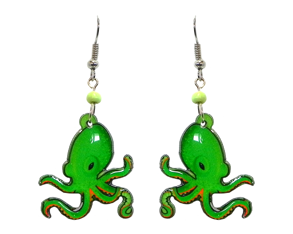 Octopus acrylic dangle earrings with beaded metal hooks in lime green, orange, black, and white color combination.