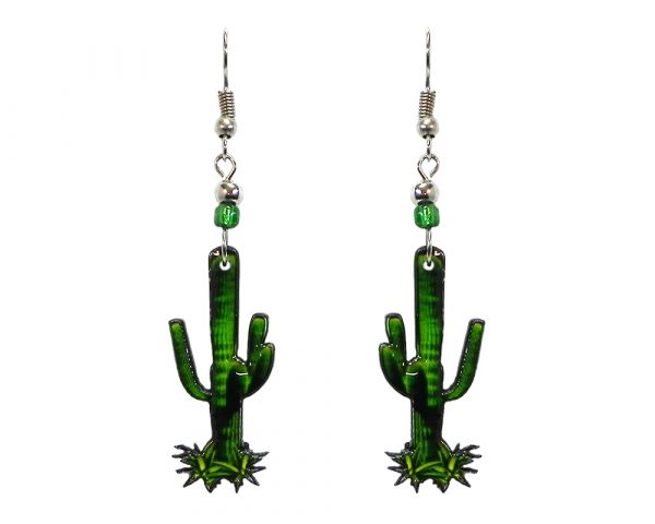 Saguaro cactus acrylic dangle earrings with beaded metal hooks in lime green and dark green color combination.
