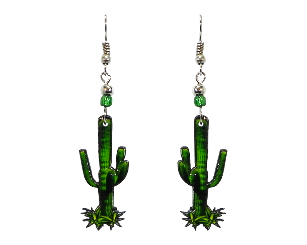 Saguaro cactus acrylic dangle earrings with beaded metal hooks in lime green and dark green color combination.