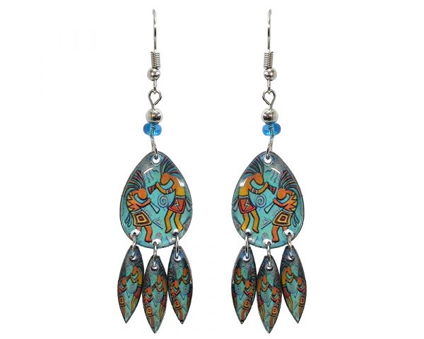 Teardrop-shaped Kokopelli graphic acrylic earrings with long matching dangles and beaded metal hooks in light blue turquoise and golden yellow color combination.