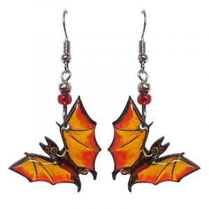 Halloween themed bat acrylic dangle earrings with beaded metal hooks in orange.