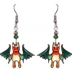 Halloween themed bat acrylic dangle earrings with beaded metal hooks in teal green and orange.
