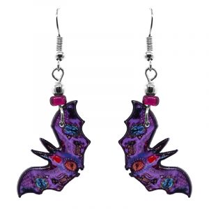 Halloween themed bat acrylic dangle earrings with beaded metal hooks in purple and multicolored.
