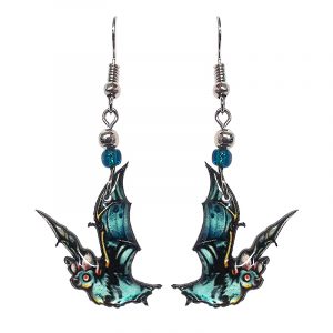 Halloween themed bat acrylic dangle earrings with beaded metal hooks in light blue.