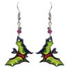 EA-043701340105 Halloween themed bat acrylic dangle earrings with beaded metal hooks in lime green.
