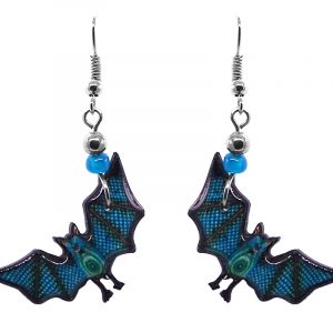 Halloween themed bat acrylic dangle earrings with beaded metal hooks in turquoise blue and teal.
