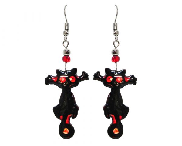 Halloween themed black cat acrylic dangle earrings with beaded metal hooks in black and red color combination.