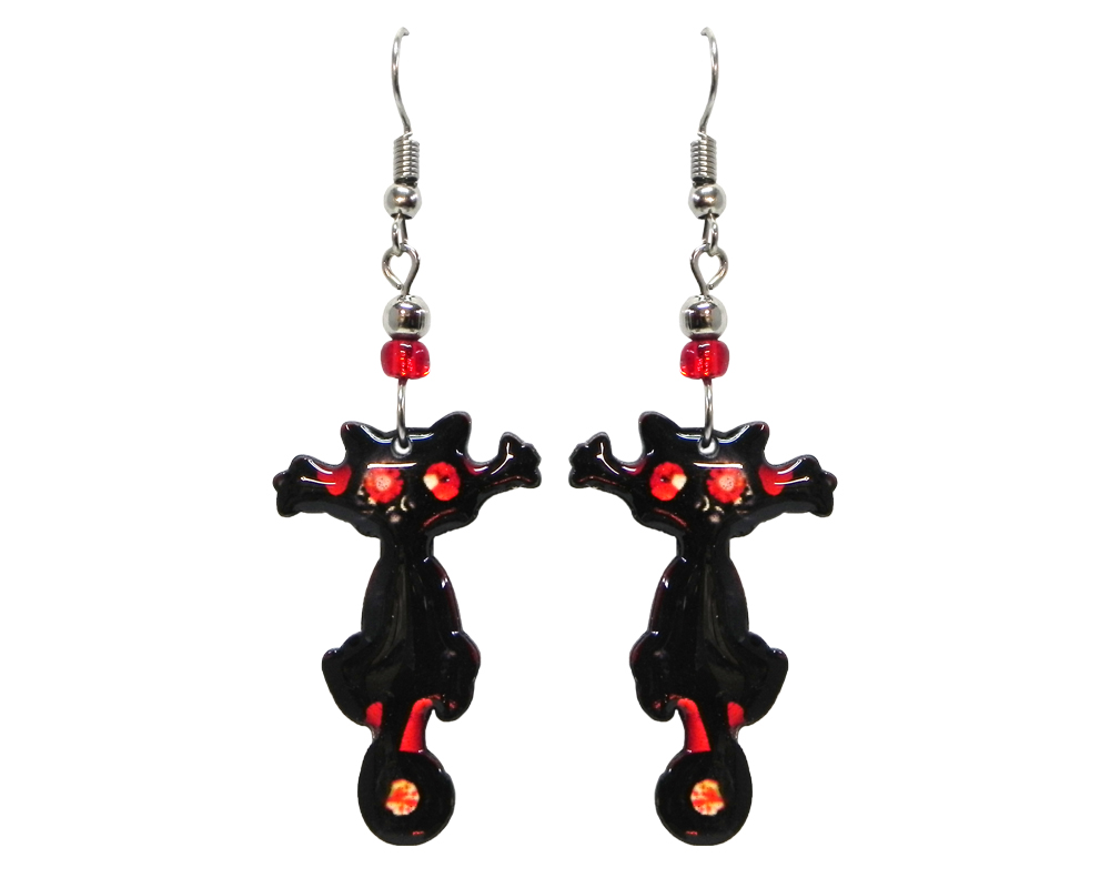 Halloween themed black cat acrylic dangle earrings with beaded metal hooks in black and red color combination.