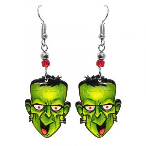 Halloween themed Frankenstein face acrylic dangle earrings with beaded metal hooks in lime green., black, white, and red.