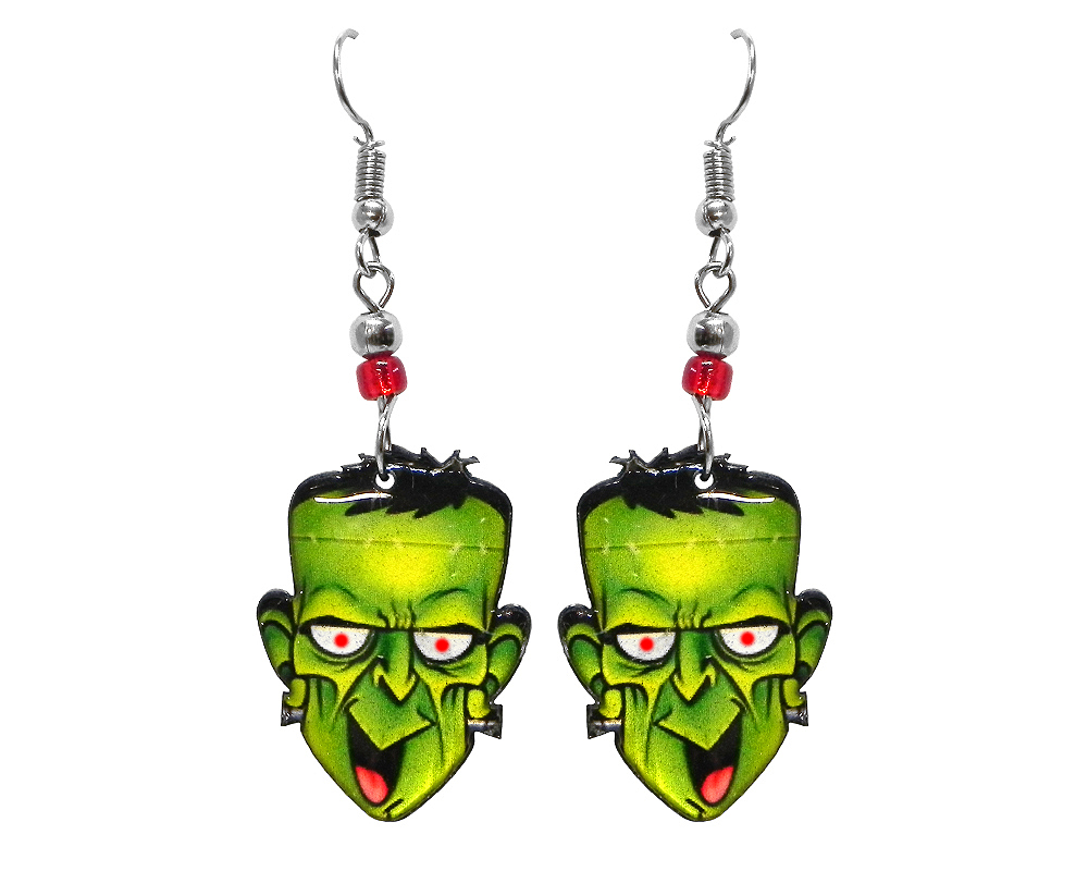 EA-043703340109 Halloween themed Frankenstein face acrylic dangle earrings with beaded metal hooks in lime green., black, white, and red.