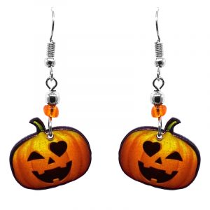 Halloween themed Jack O' Lantern pumpkin acrylic dangle earrings with beaded metal hooks in orange and black.