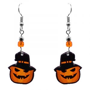 Halloween themed Jack O' Lantern pumpkin acrylic dangle earrings with beaded metal hooks in orange and black.