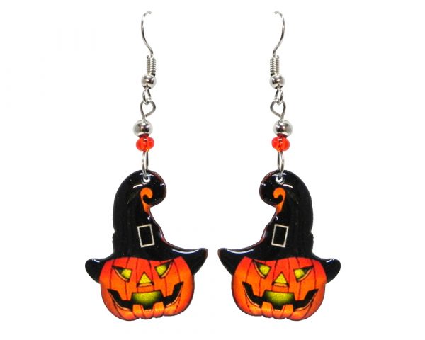 Halloween themed Jack O' Lantern pumpkin acrylic dangle earrings with beaded metal hooks in orange, black, and yellow.