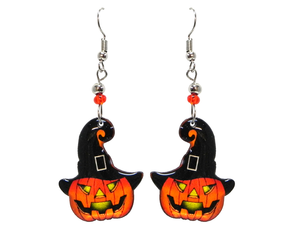 Halloween themed Jack O' Lantern pumpkin acrylic dangle earrings with beaded metal hooks in orange, black, and yellow.