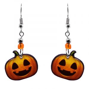 Halloween themed Jack O' Lantern pumpkin acrylic dangle earrings with beaded metal hooks in orange and black.