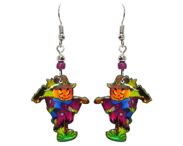 Halloween themed scarecrow acrylic dangle earrings with beaded metal hooks in orange, purple, blue, and green.