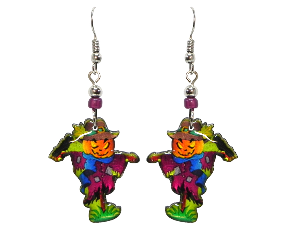Halloween themed scarecrow acrylic dangle earrings with beaded metal hooks in orange, purple, blue, and green.