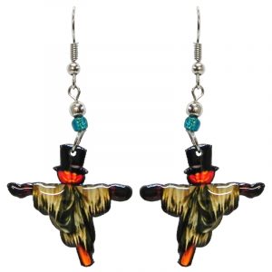 Halloween themed scarecrow acrylic dangle earrings with beaded metal hooks in orange, beige, and black.