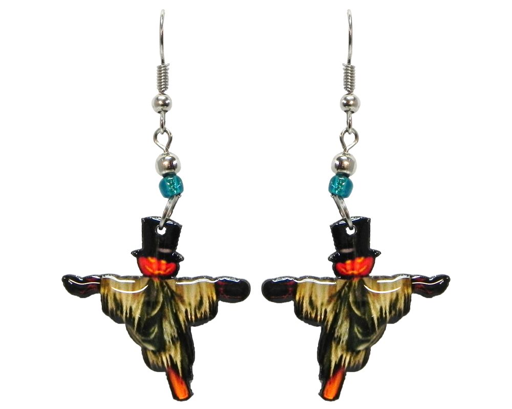 Halloween themed scarecrow acrylic dangle earrings with beaded metal hooks in orange, beige, and black.