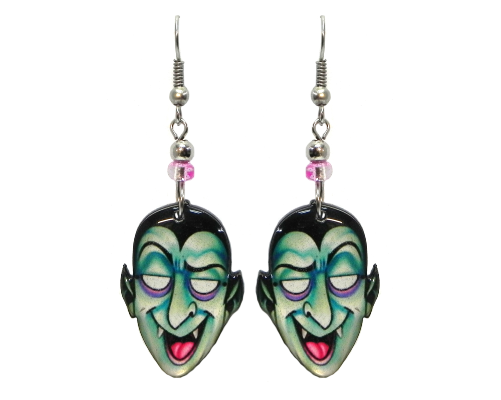 Halloween themed Dracula vampire face acrylic dangle earrings with beaded metal hooks in mint, purple, pink, and black.