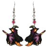 EA-043708060912 Halloween themed flying witch acrylic dangle earrings with beaded metal hooks in purple, black, and beige.