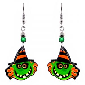 Halloween themed witch face acrylic dangle earrings with beaded metal hooks in lime green, orange, black, and white.