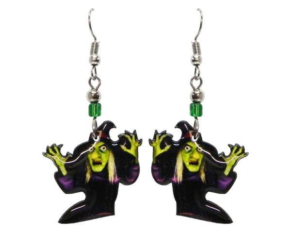 Halloween themed witch face acrylic dangle earrings with beaded metal hooks in lime green and black.