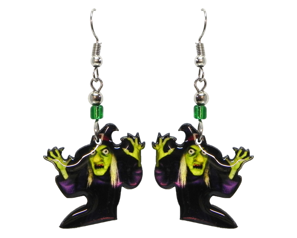 Halloween themed witch face acrylic dangle earrings with beaded metal hooks in lime green and black.