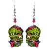 EA-043709343705 Halloween themed zombie face acrylic dangle earrings with beaded metal hooks in lime green, hot pink, black and white.