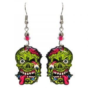 Halloween themed zombie face acrylic dangle earrings with beaded metal hooks in lime green, hot pink, black and white.