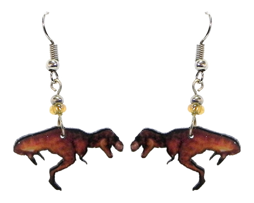 T-rex dinosaur acrylic dangle earrings with beaded metal hooks in brown, beige, and black color combination.