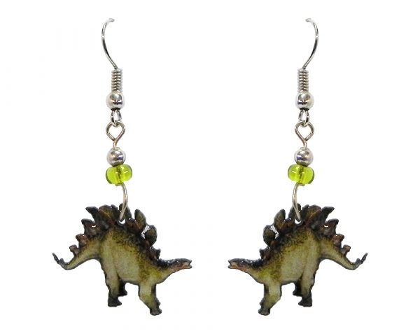 Stegosaurus dinosaur acrylic dangle earrings with beaded metal hooks in olive green, lime green, and brown color combination.